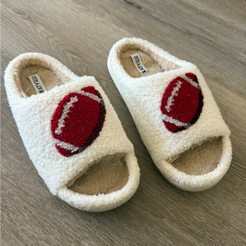 KatyDid Cozy Cream Slippers with Red Football Design